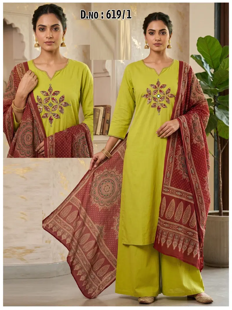 Ossm Style 619 Dhabu Cotton Patch Worked Kurti With Bottom Dupatta