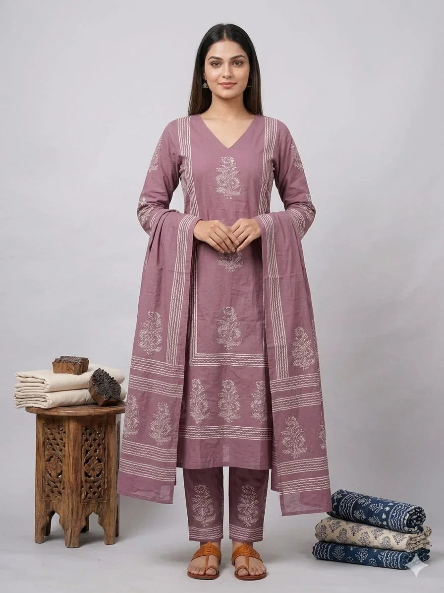 Naisha K 947 Cotton Block Printed Handworked Kurti With Bottom Dupatta
