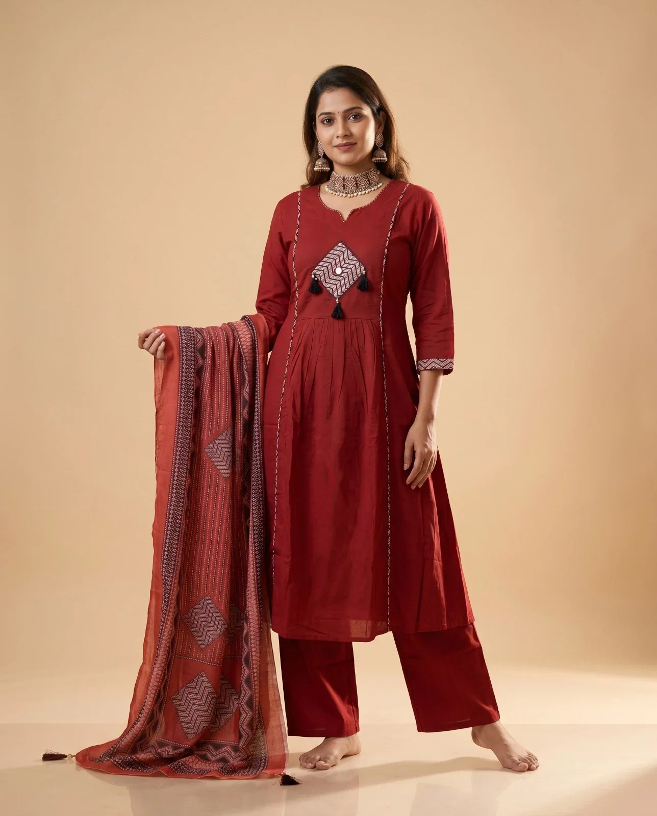 Naisha K 945 Dhabu Cotton Aline Kurti With Bottom Dupatta