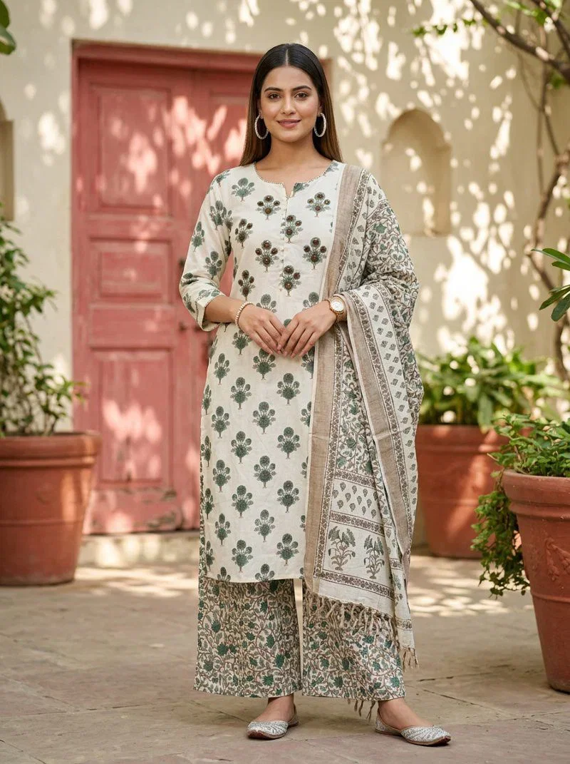Naisha K 949 Cotton Muslin Straight Cut Kurti With Bottom Dupatta