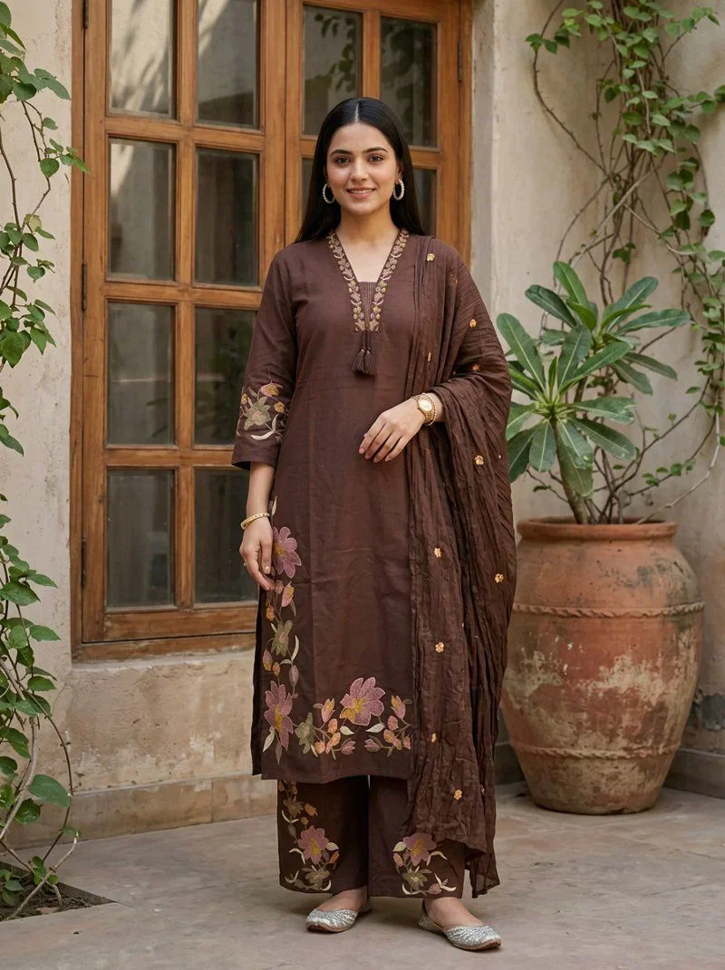 Naisha K 948 Cotton Flex Embroidered Kurti With Bottom Dupatta