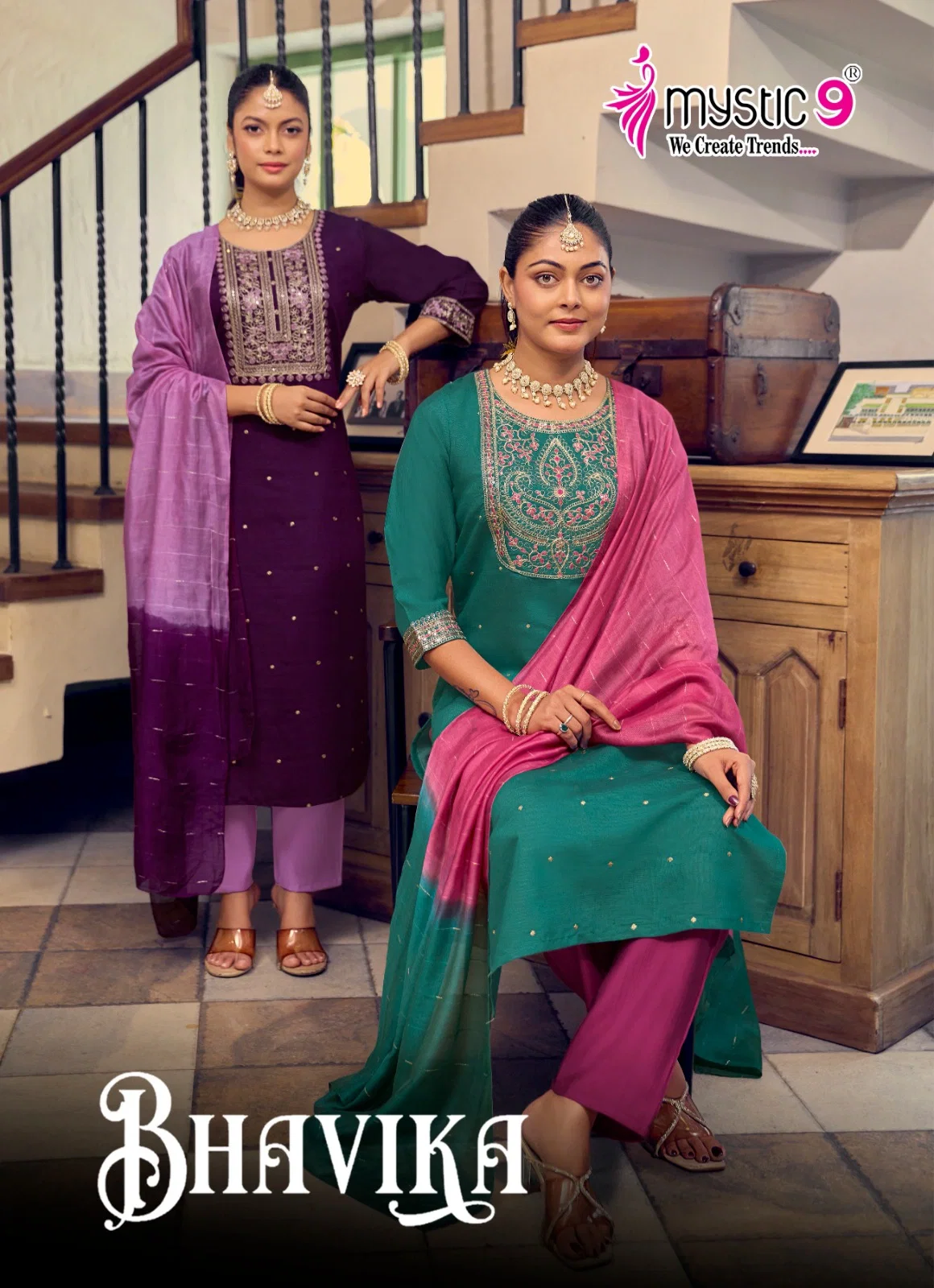 Mystic 9 Bhavika Vol 1 Vertican Dyed Print Straight Pant Dupatta Pair