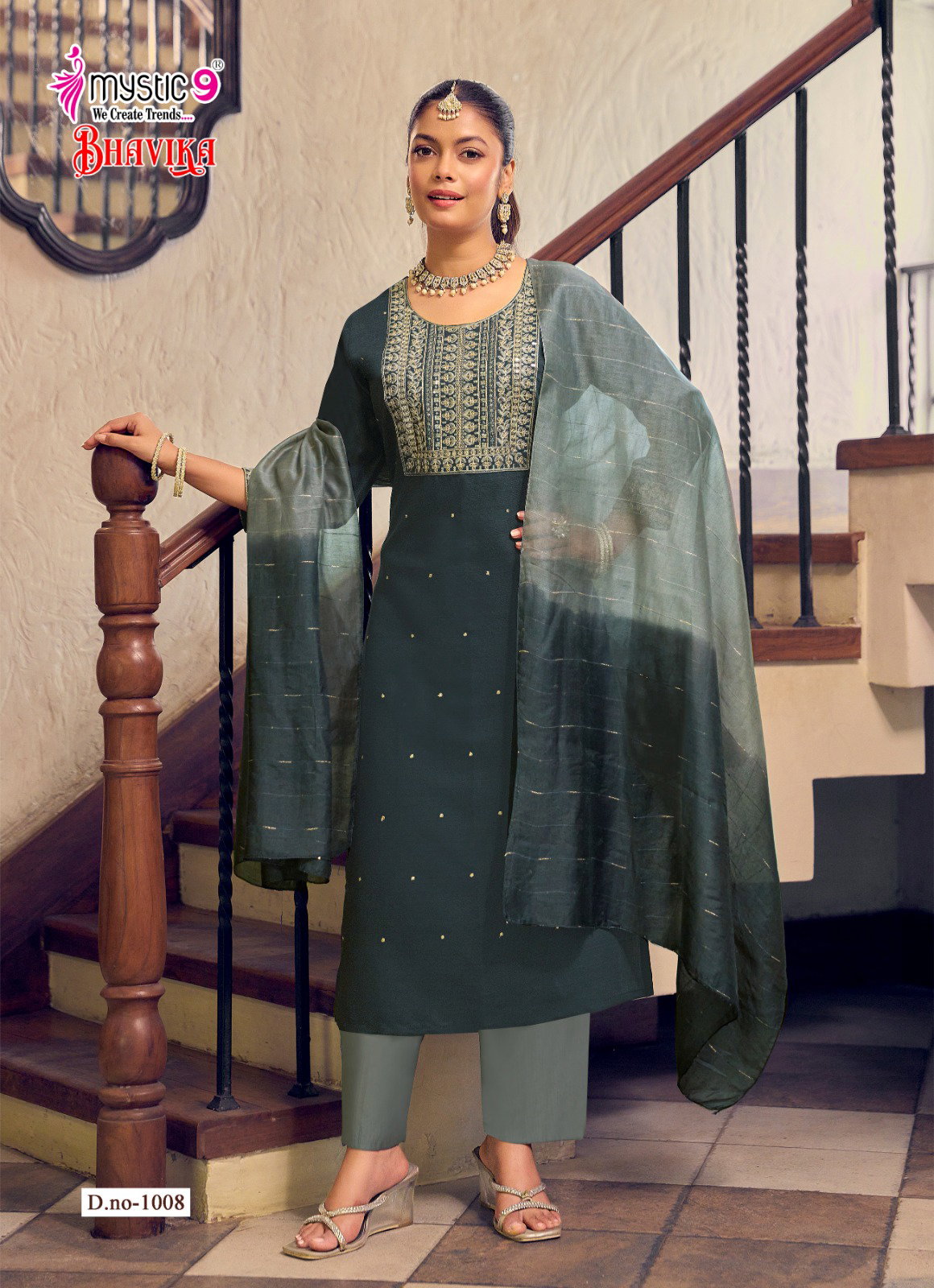 Mystic 9 Bhavika Vol 1 Vertican Dyed Print Straight Pant Dupatta Pair
