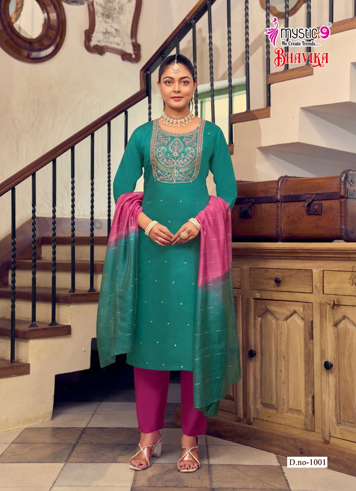 Mystic 9 Bhavika Vol 1 Vertican Dyed Print Straight Pant Dupatta Pair