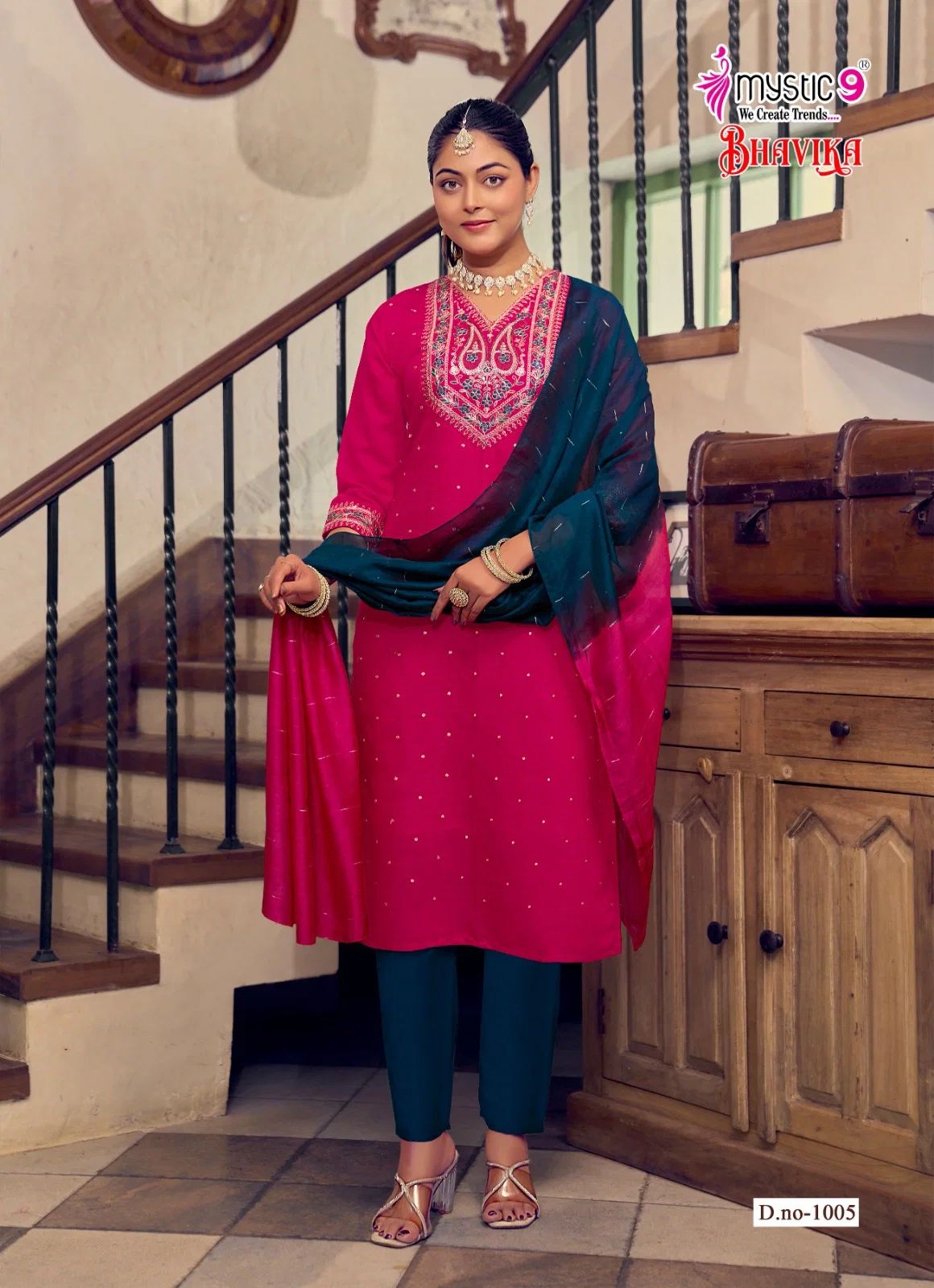 Mystic 9 Bhavika Vol 1 Vertican Dyed Print Straight Pant Dupatta Pair