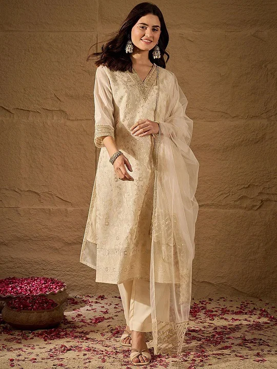 Navya Kurti 249 Chanderi Silk Jacquard Worked Kurti With Bottom Dupatta
