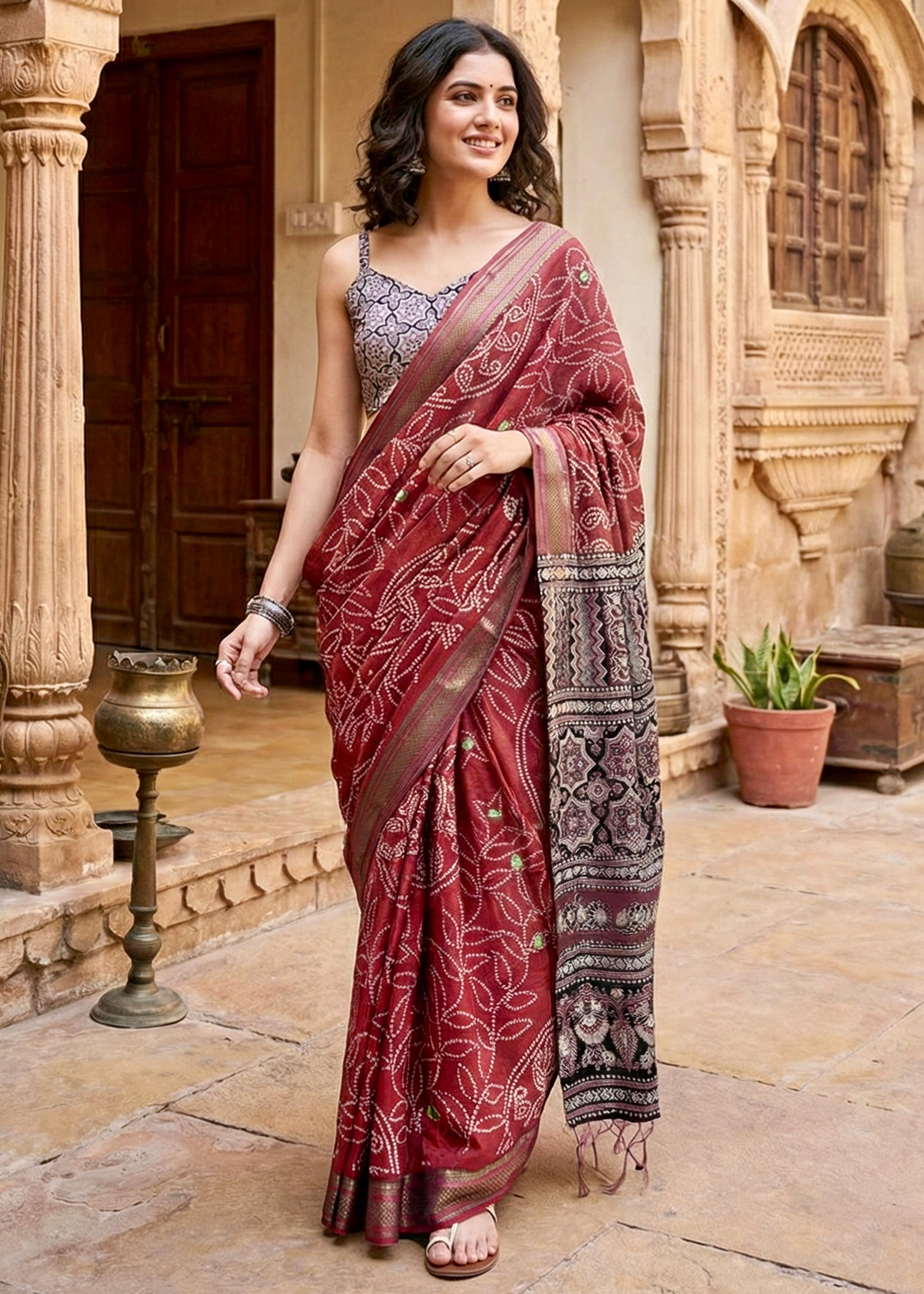 Sm Yami 91 Pure Cotton Golden Weaving Bandhani Printed Saree