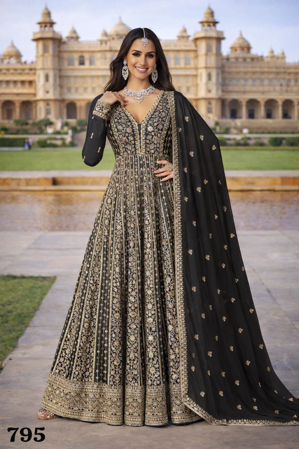 Mrudangi Zara Chinon Silk Embroidered Gown With Dupatta
