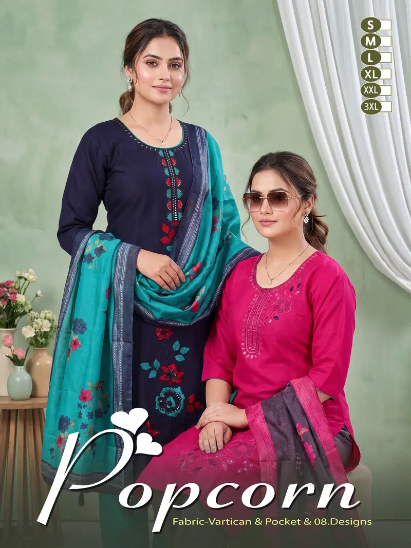 Popcorn Vol 8 Vertican Plain Embroidery Worked Kurti Set Collection