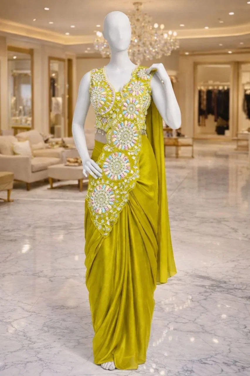 Bt 7160 Chinon Embroidery Sequence Worked Ready To Wear Saree