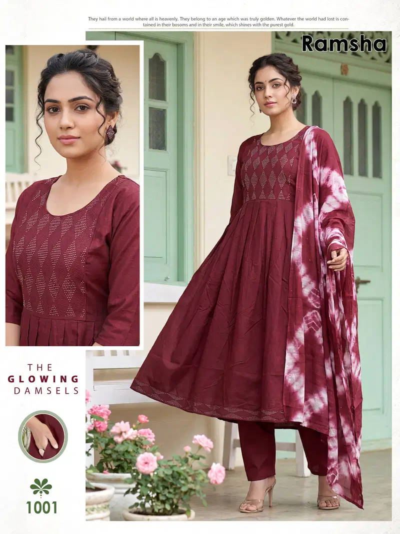 Ramsha Vol 8 Vertican Plain Embroidery Worked Kurti Set Collection