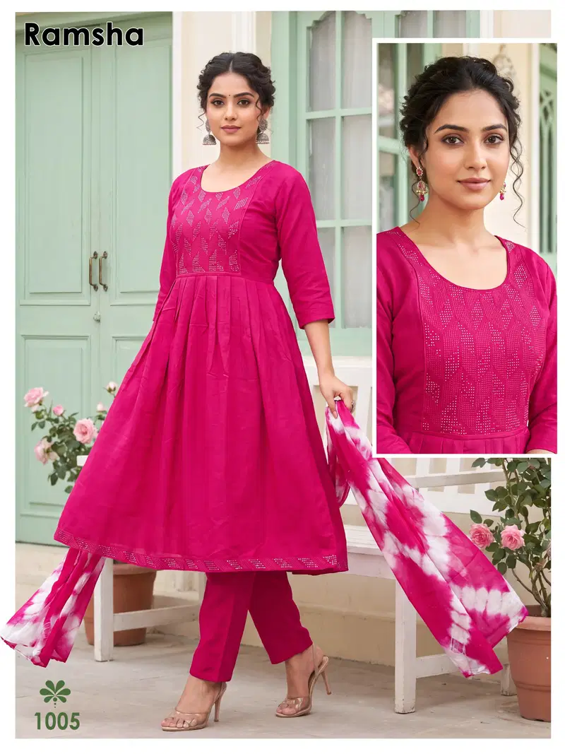 Ramsha Vol 8 Vertican Plain Embroidery Worked Kurti Set Collection
