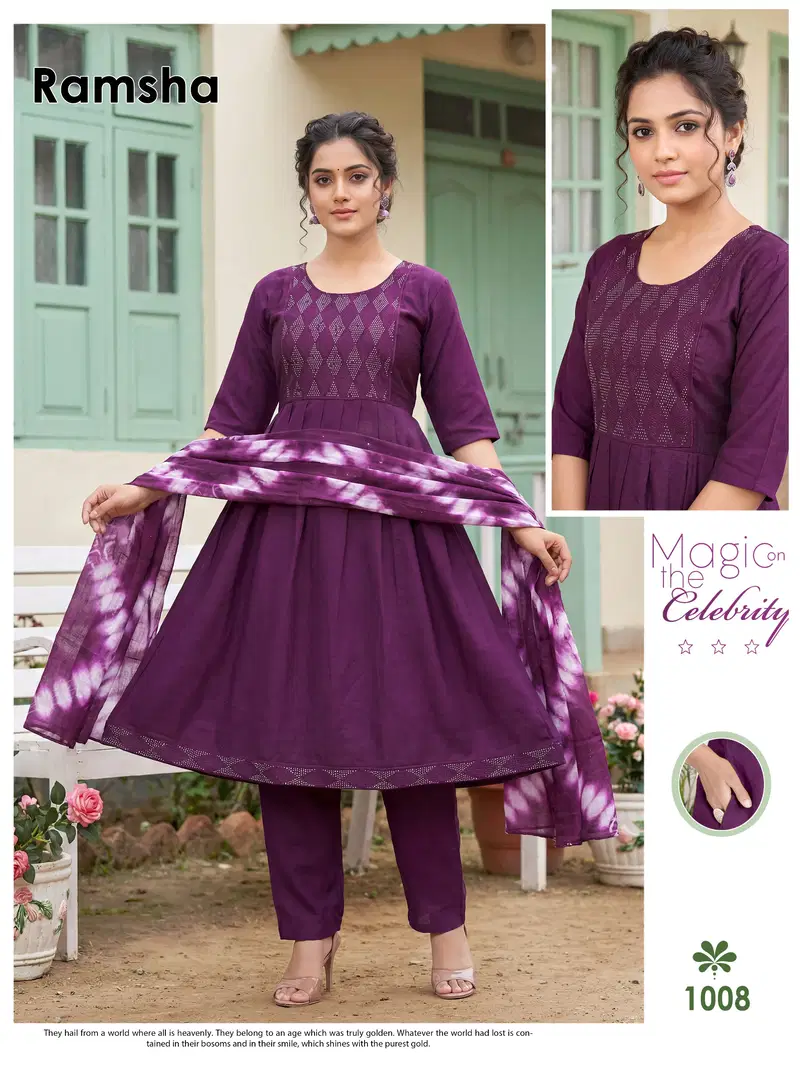 Ramsha Vol 8 Vertican Plain Embroidery Worked Kurti Set Collection