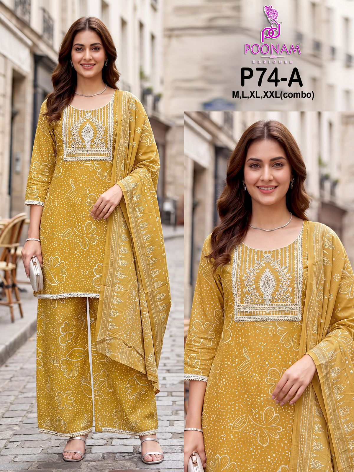 Poonam P 74 Cotton With Coding Worked Kurti With Bottom Dupatta