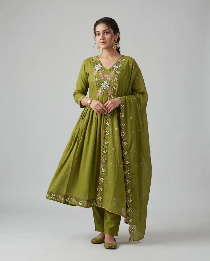 Naisha K 950 Mul Chanderi Ghera Concept Kurti With Bottom Dupatta
