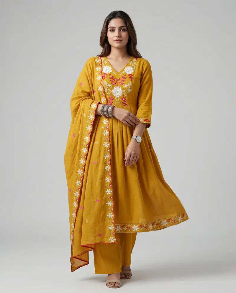 Naisha K 950 Mul Chanderi Ghera Concept Kurti With Bottom Dupatta