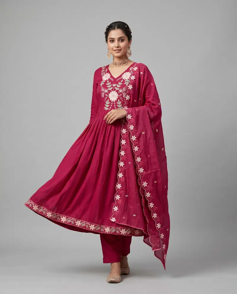 Naisha K 950 Mul Chanderi Ghera Concept Kurti With Bottom Dupatta