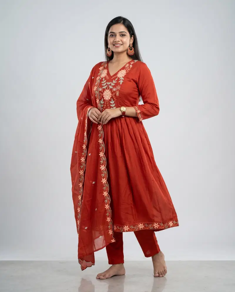 Naisha K 950 Mul Chanderi Ghera Concept Kurti With Bottom Dupatta