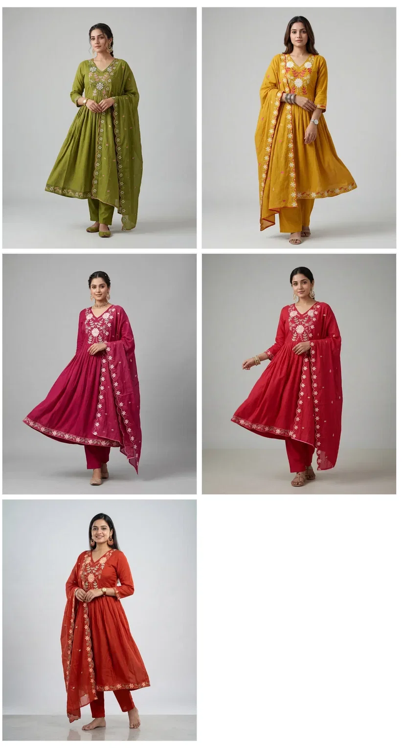 Naisha K 950 Mul Chanderi Ghera Concept Kurti With Bottom Dupatta