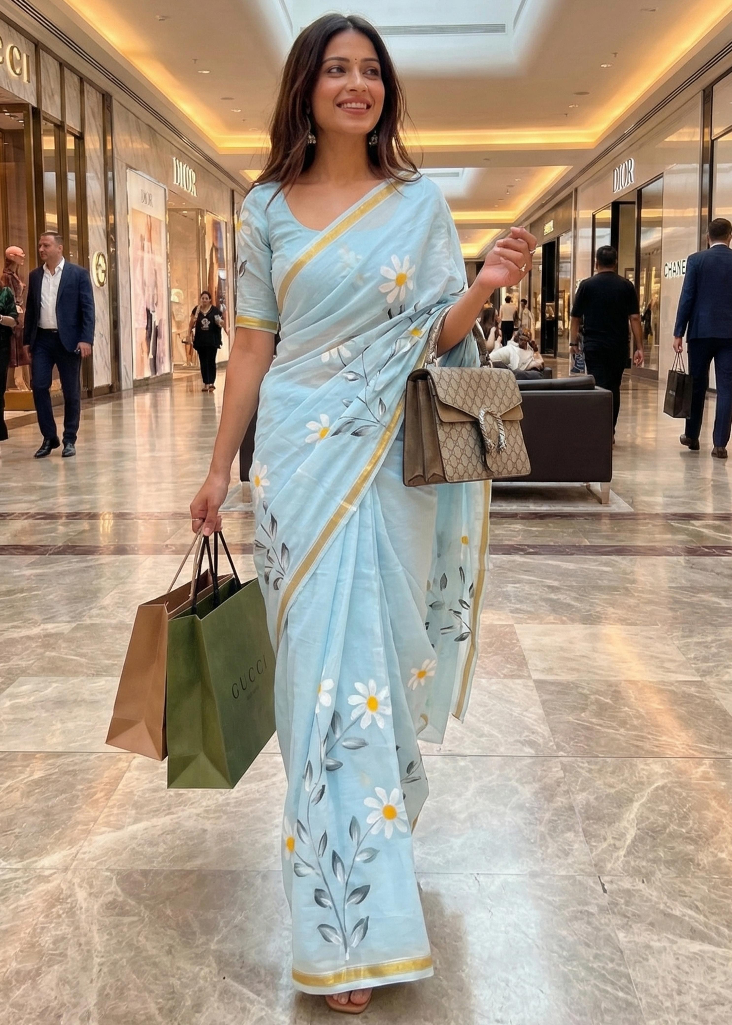 SM Yami 93 Soft Muslin Cotton Zari Border Hand Paint Natural Color Dye Saree