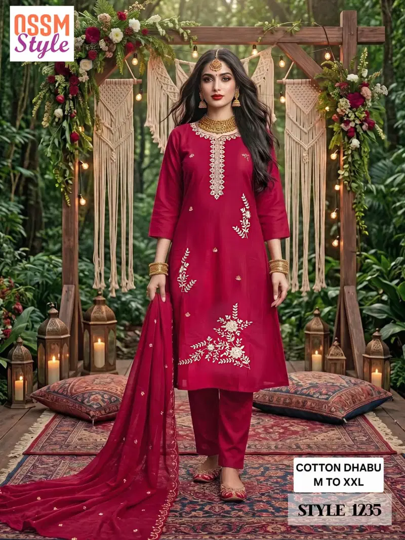 Ossm Style 1235 Cotton Dhabu Embroidered Kurti With Bottom Dupatta