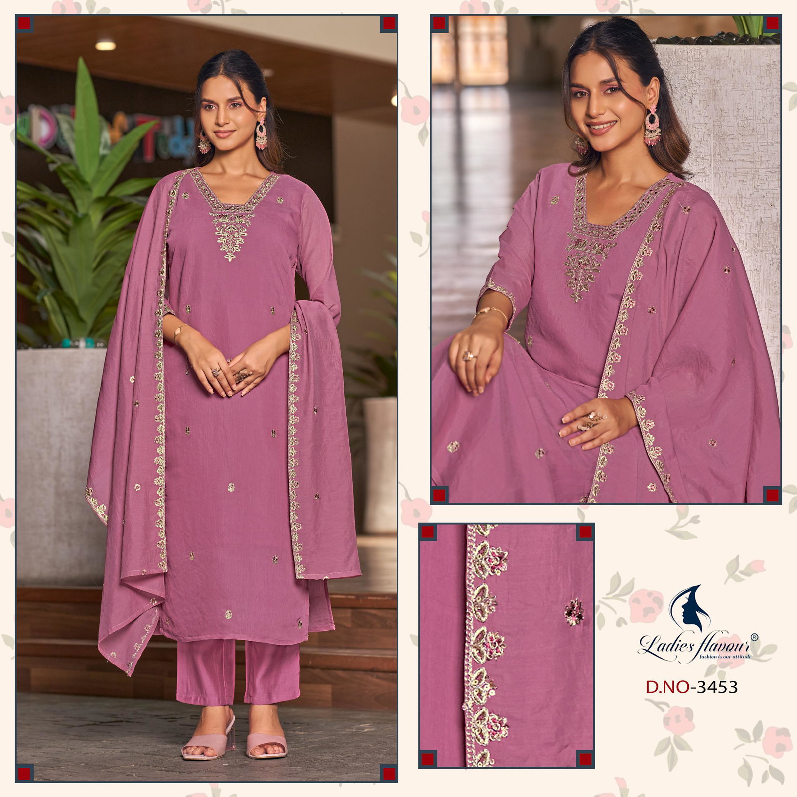 Ladies Flavour 3451 To 3453 Mul Chanderi Embroidered Kurti With Bottom Dupatta