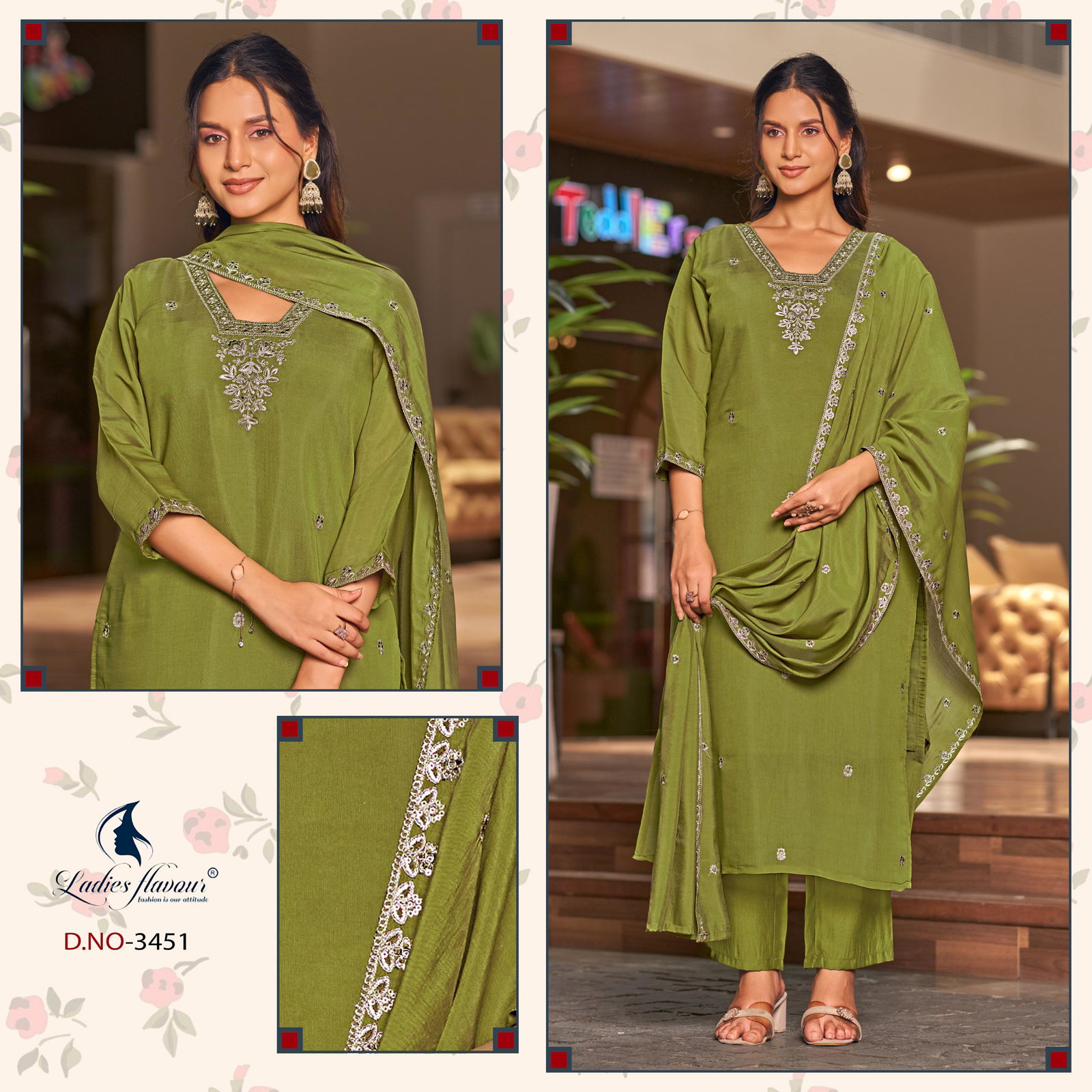 Ladies Flavour 3451 To 3453 Mul Chanderi Embroidered Kurti With Bottom Dupatta