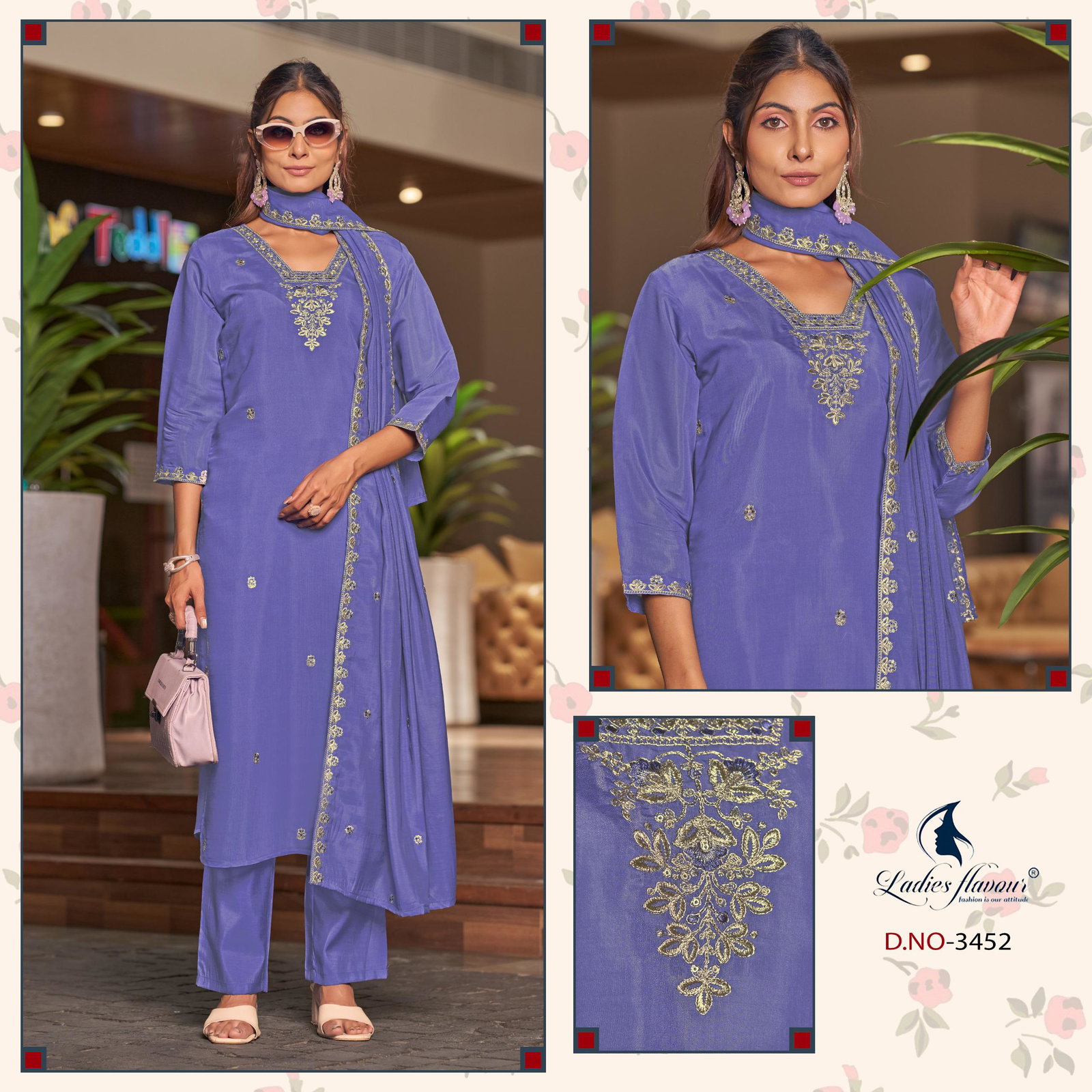 Ladies Flavour 3451 To 3453 Mul Chanderi Embroidered Kurti With Bottom Dupatta