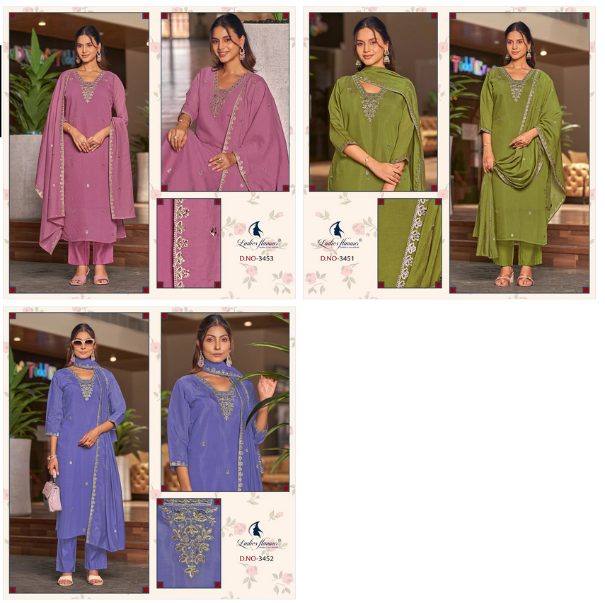 Ladies Flavour 3451 To 3453 Mul Chanderi Embroidered Kurti With Bottom Dupatta