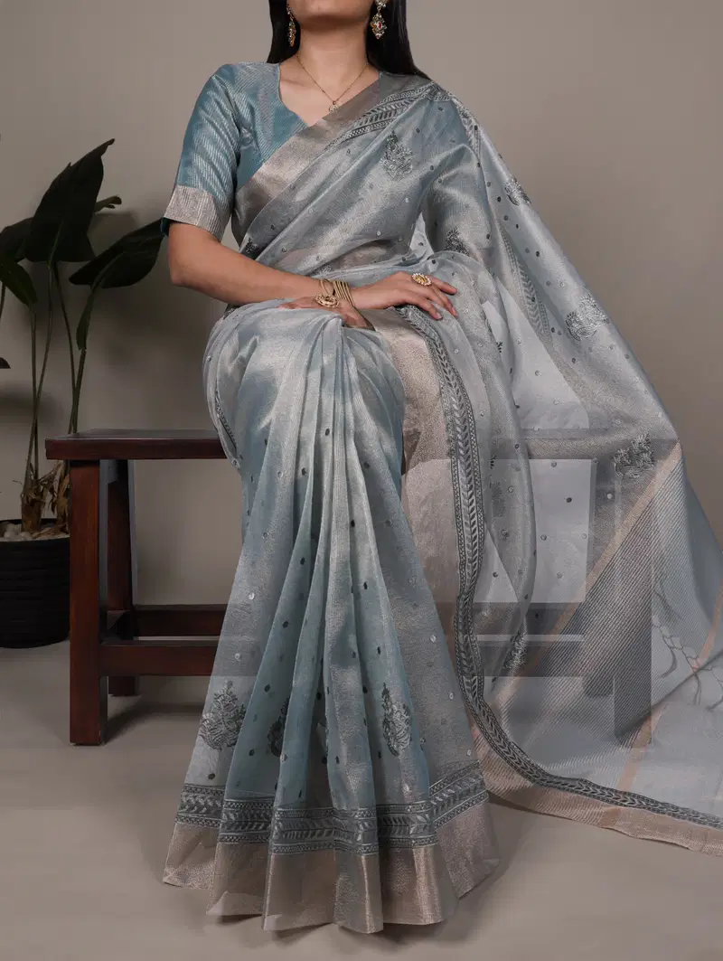 Taraa L 7402 Poly Shimmer Thread Embroidery Wedding Wear Saree