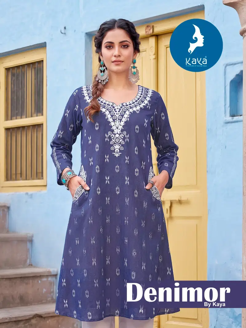 Kaya Denimor Denim Dobby Kurti With Bottom Dupatta