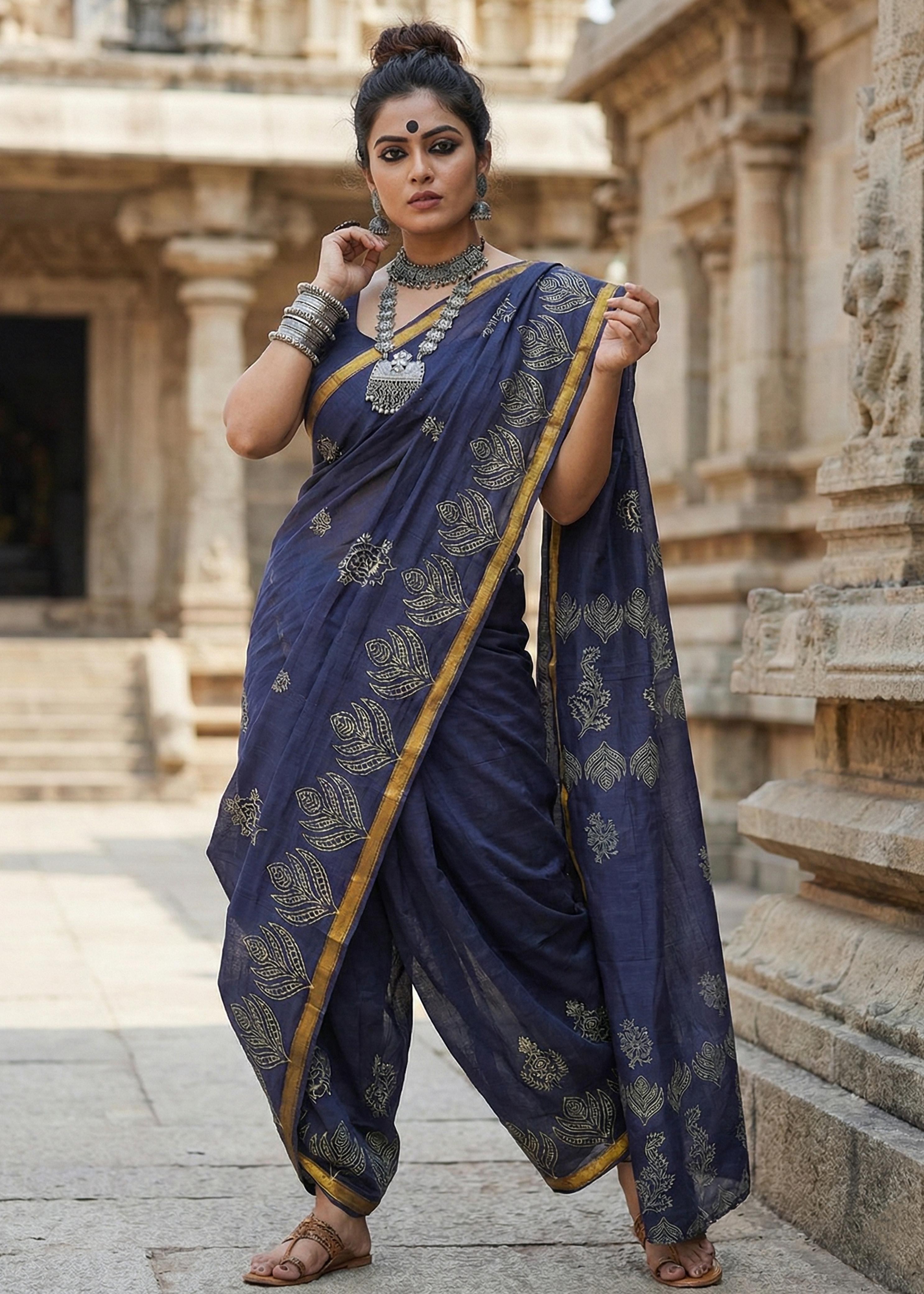 Sm Yami 94 Muslin Cotton Heavy Zari Border Hand Block Print Saree