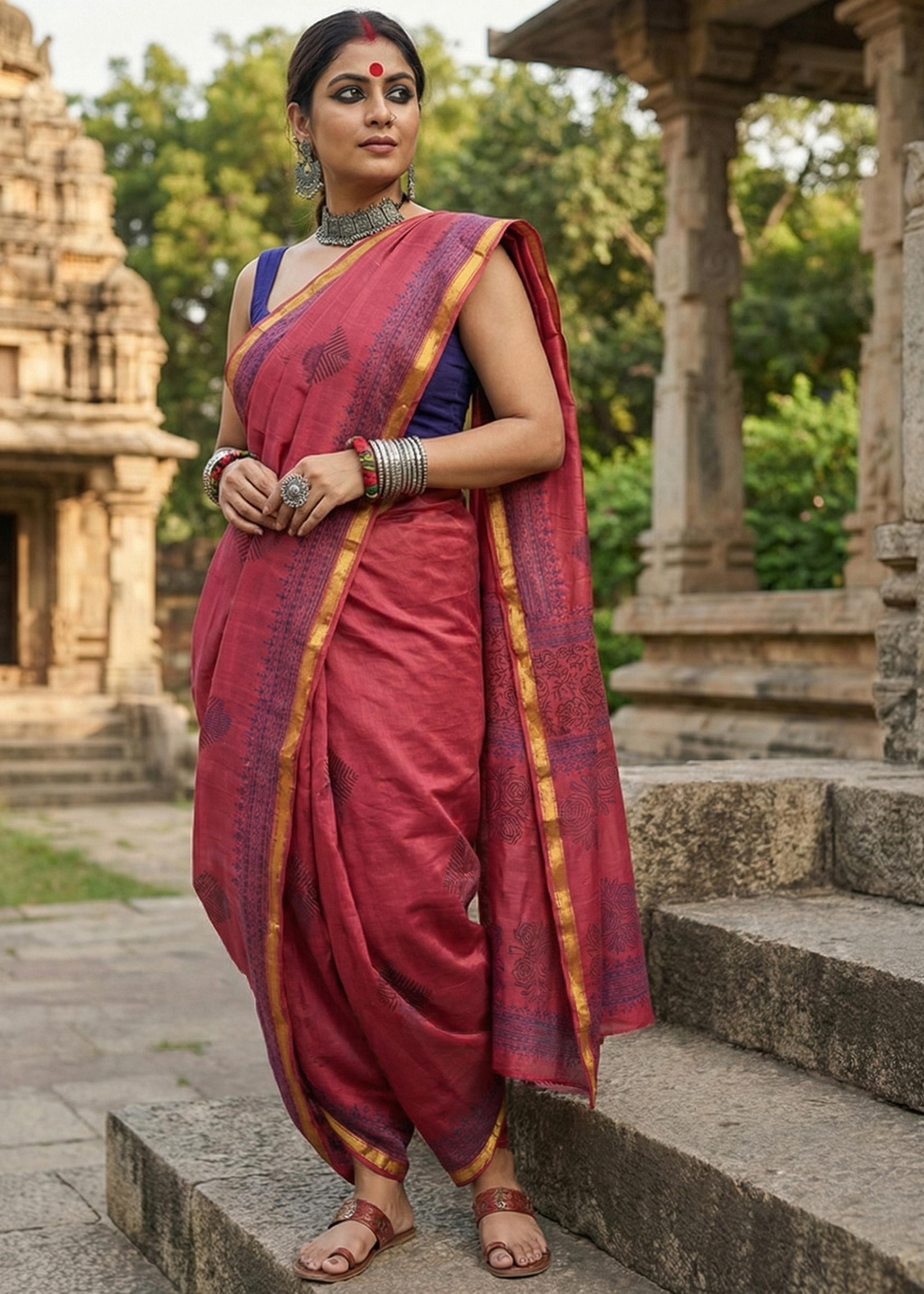 Sm Yami 94 Muslin Cotton Heavy Zari Border Hand Block Print Saree