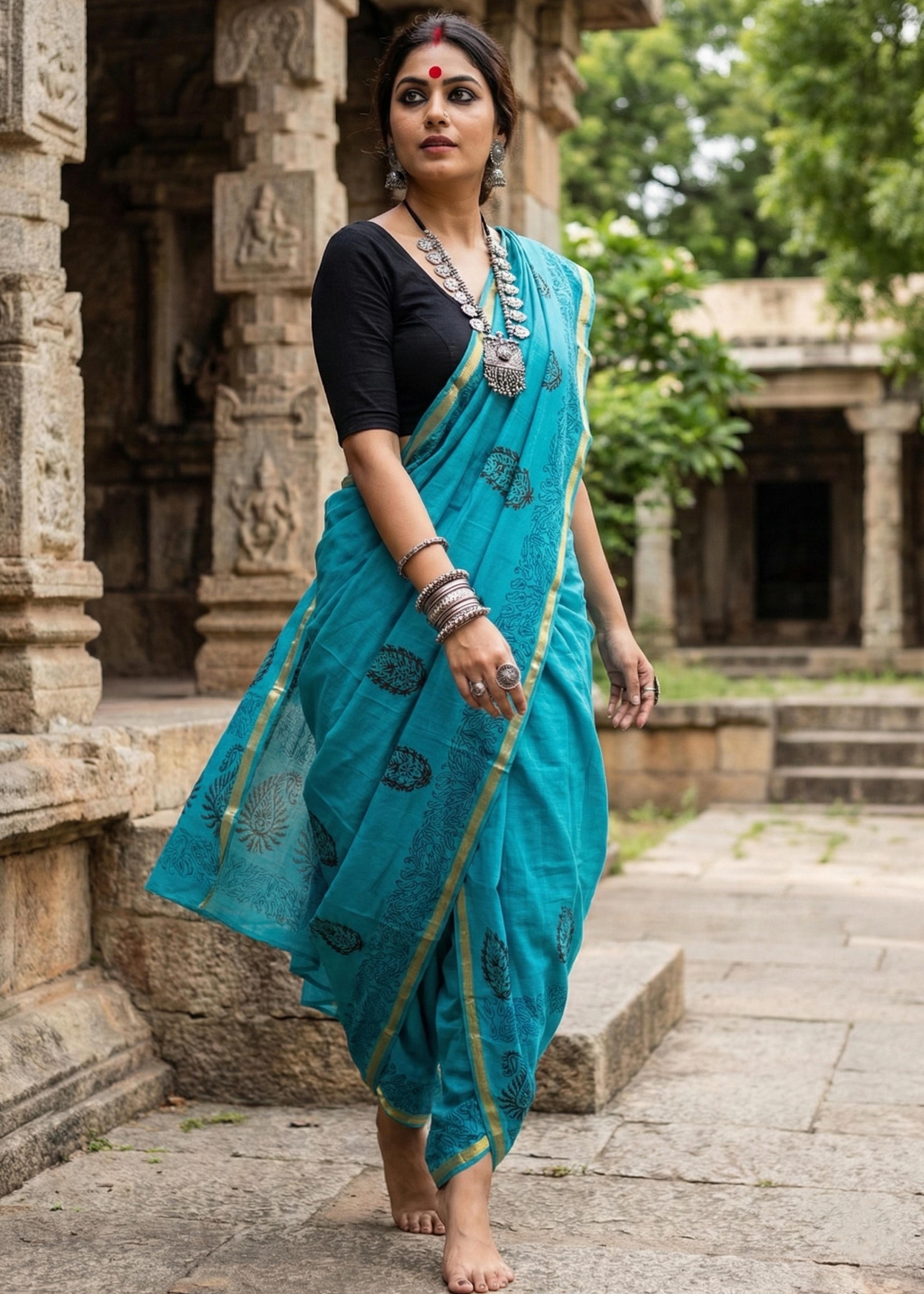 Sm Yami 94 Muslin Cotton Heavy Zari Border Hand Block Print Saree