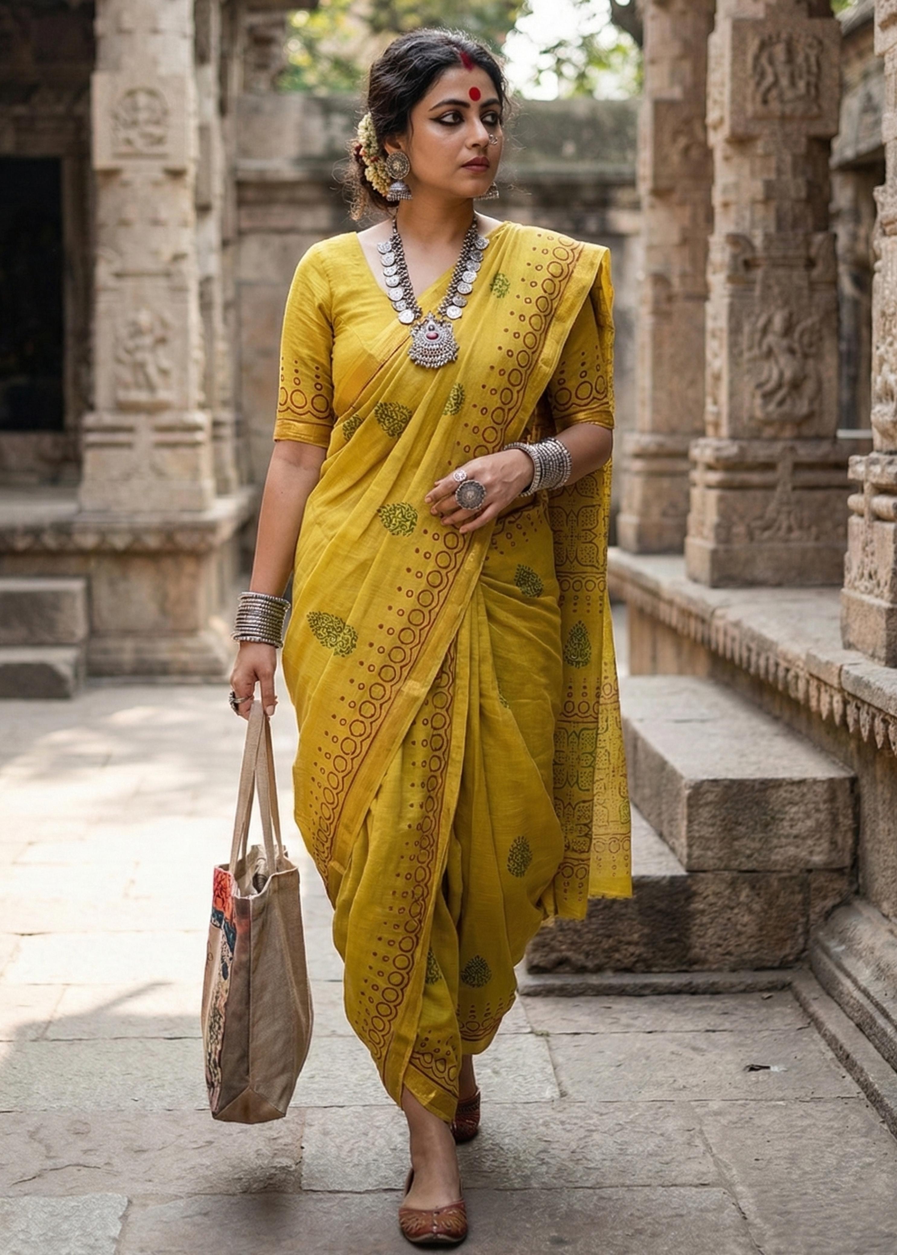 Sm Yami 94 Muslin Cotton Heavy Zari Border Hand Block Print Saree