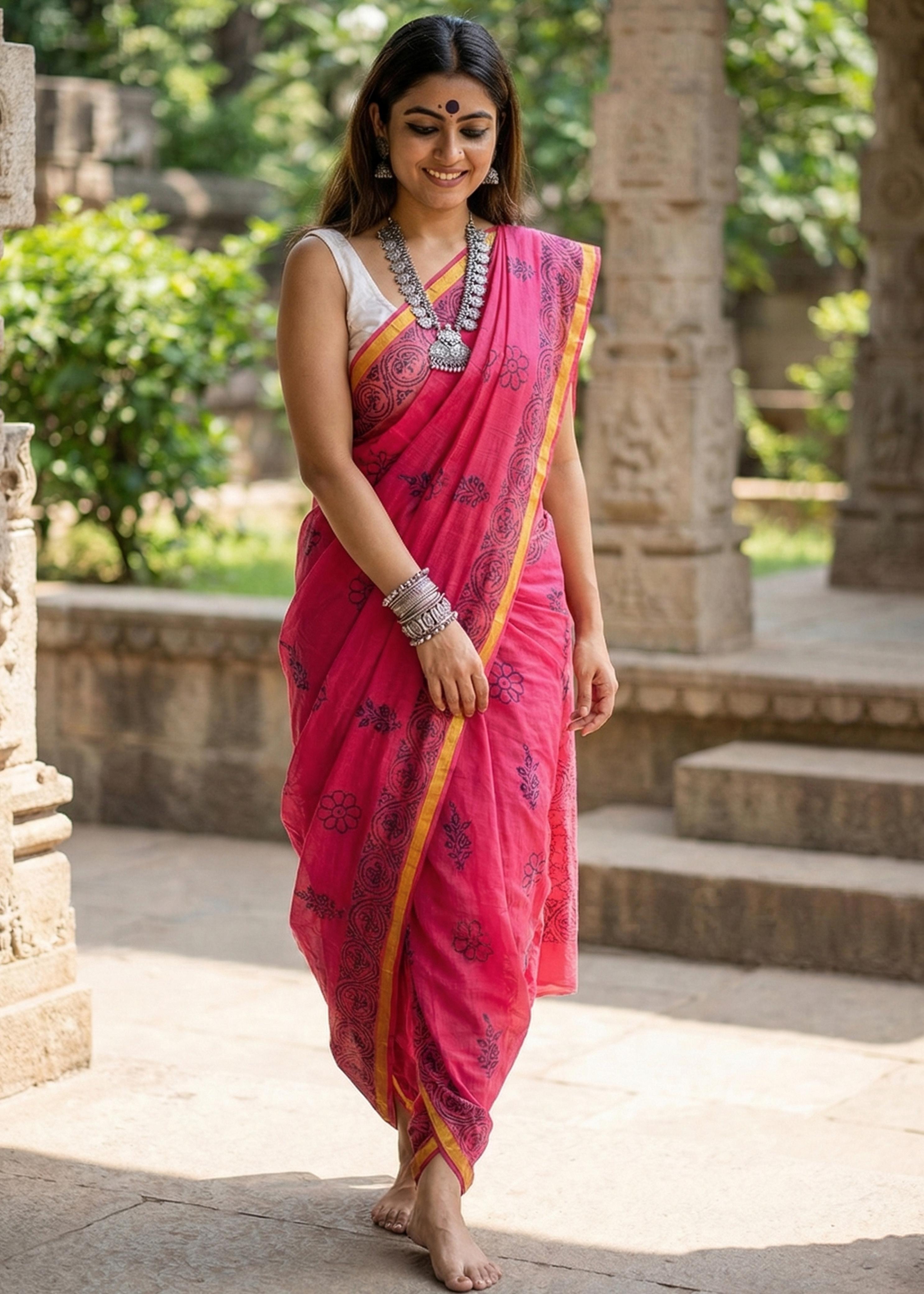 Sm Yami 94 Muslin Cotton Heavy Zari Border Hand Block Print Saree