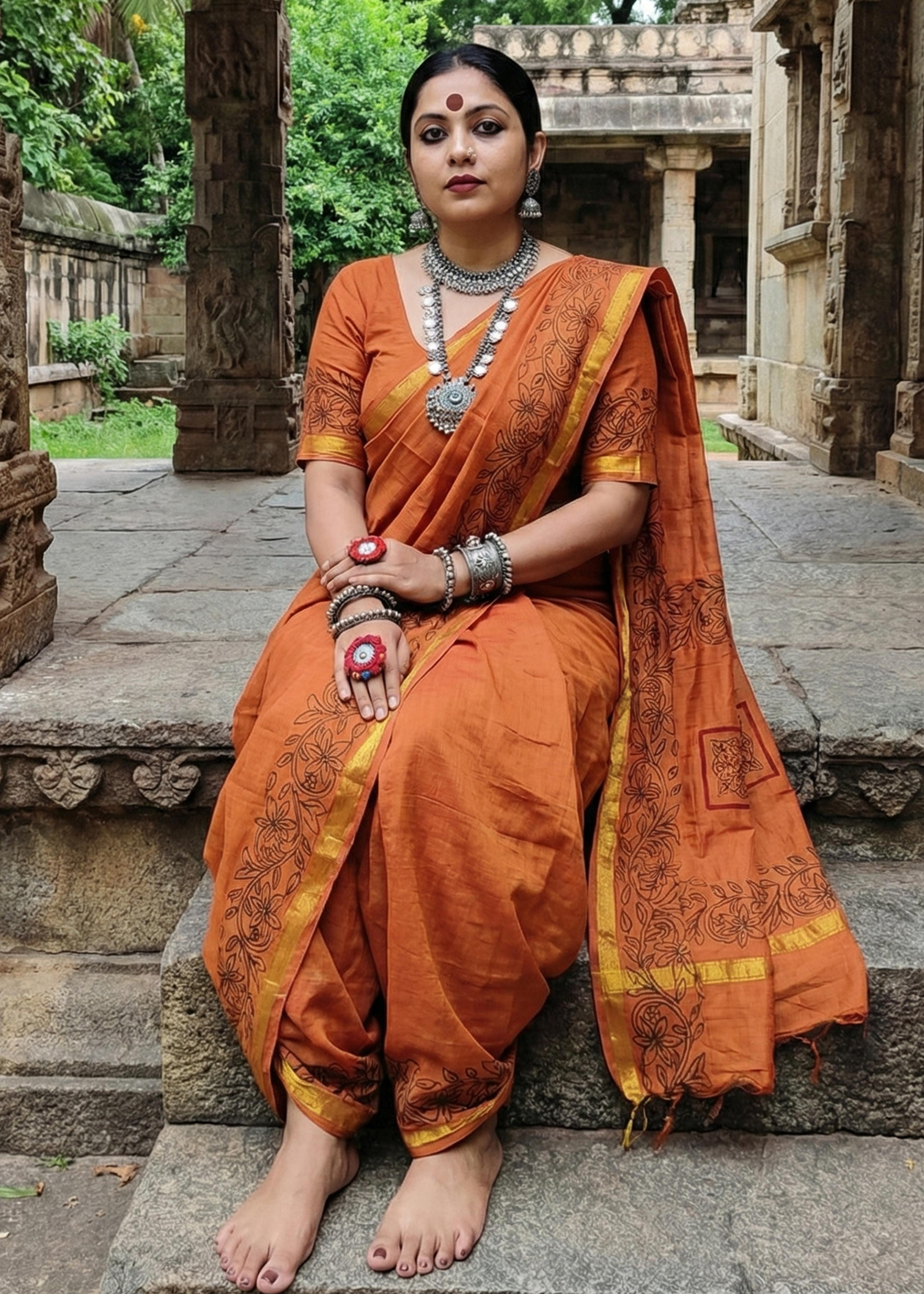 Sm Yami 94 Muslin Cotton Heavy Zari Border Hand Block Print Saree