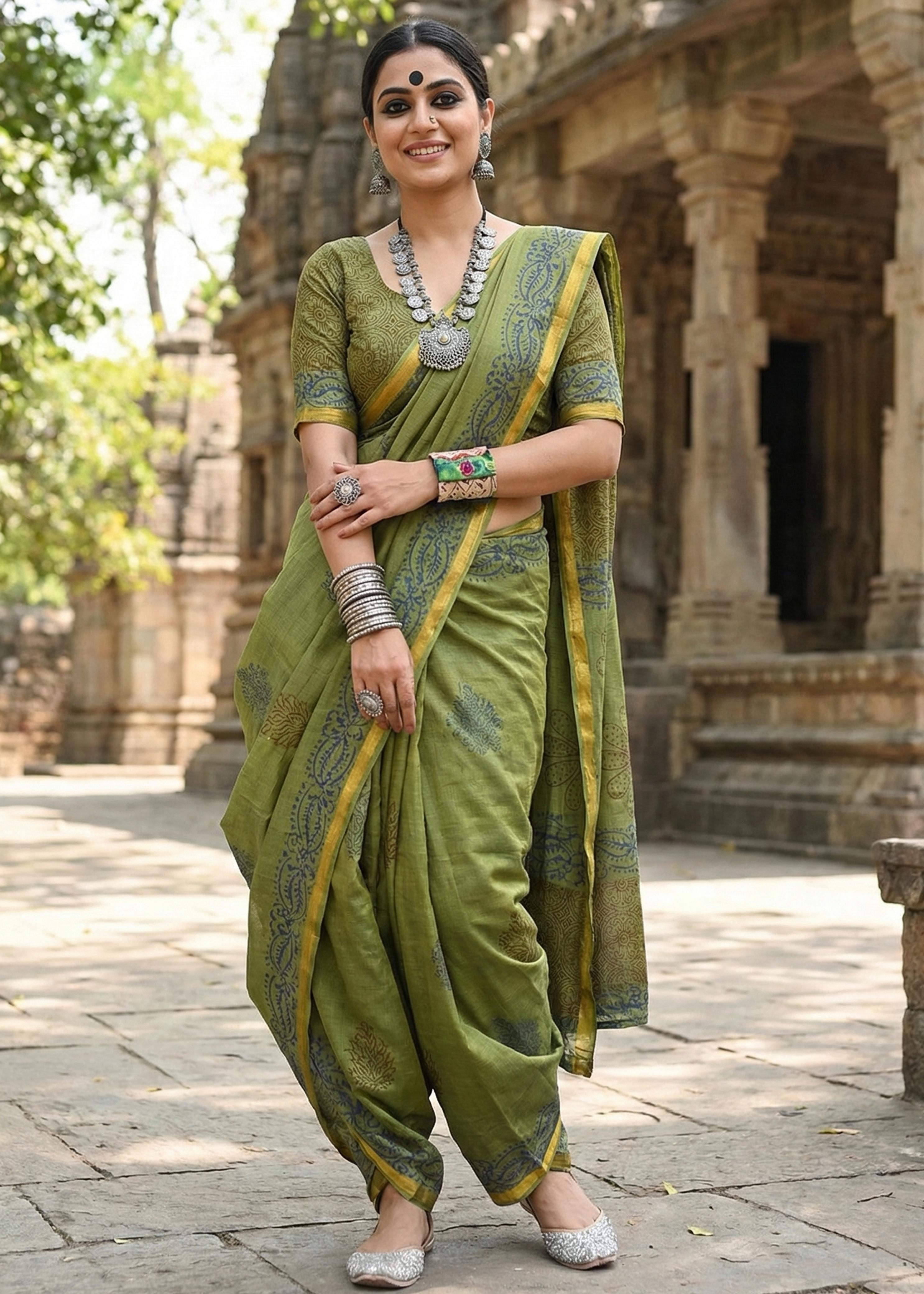 Sm Yami 94 Muslin Cotton Heavy Zari Border Hand Block Print Saree