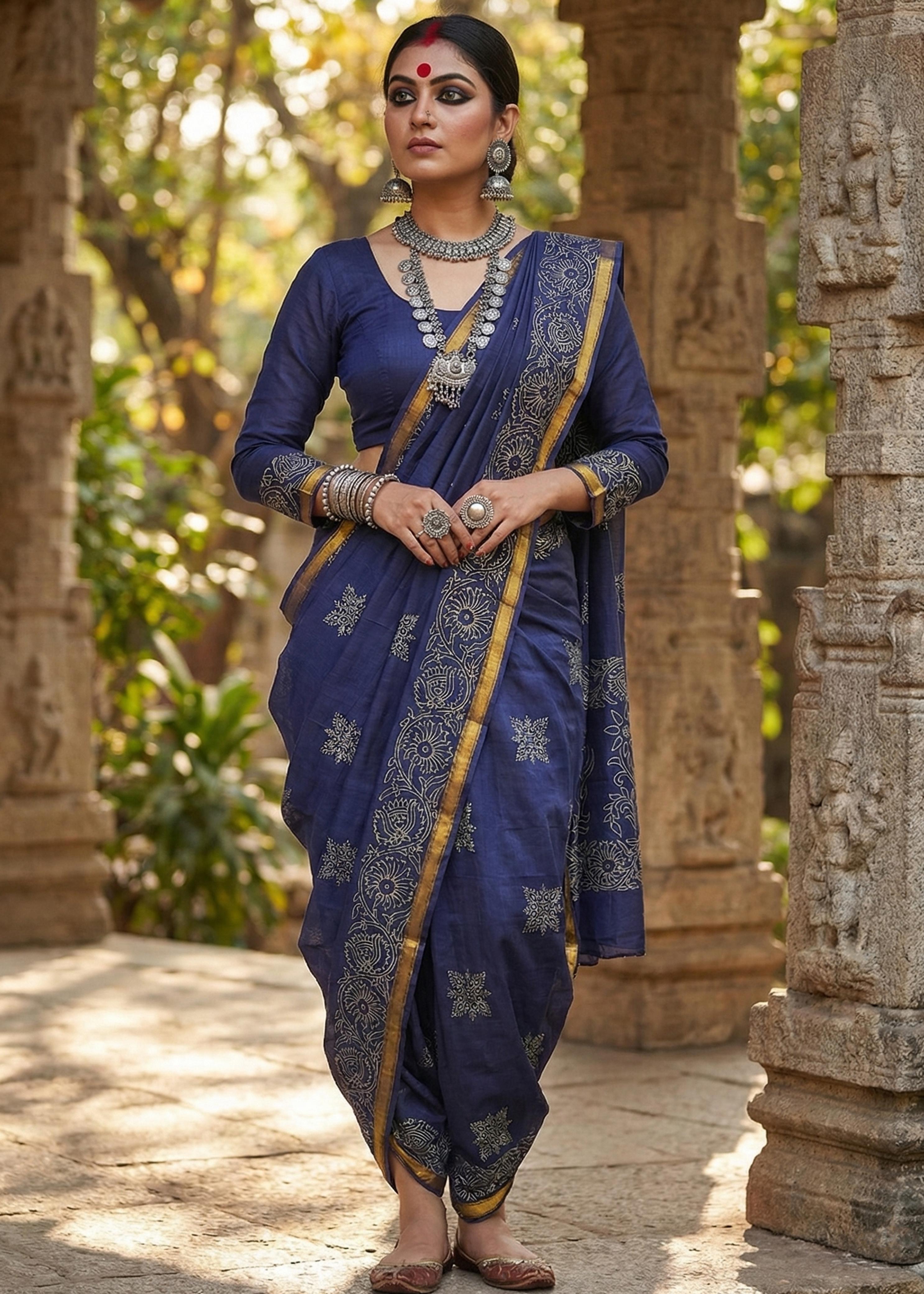 Sm Yami 94 Muslin Cotton Heavy Zari Border Hand Block Print Saree