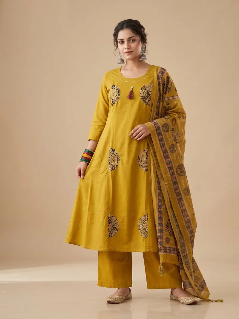 Naisha K 954 Dhabu Cotton Aline Kurti With Bottom Dupatta