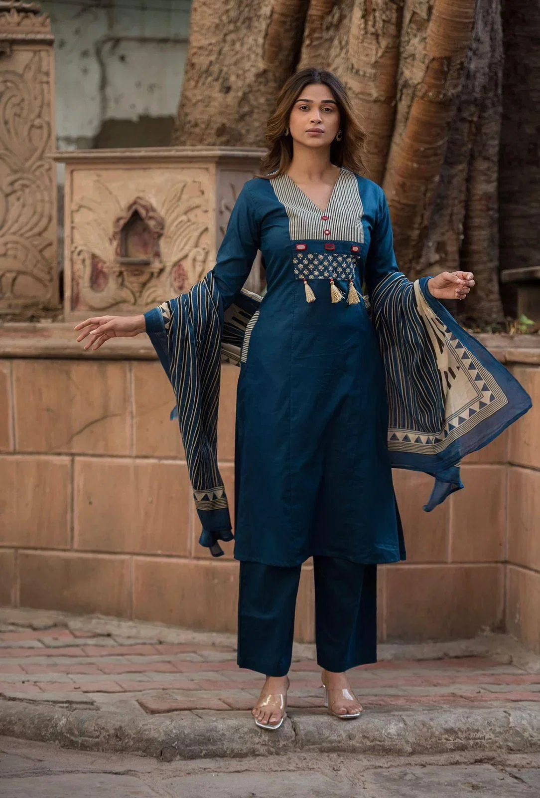 Naisha K 955 Dhabu Cotton Mirror Worked Kurti With Bottom Dupatta