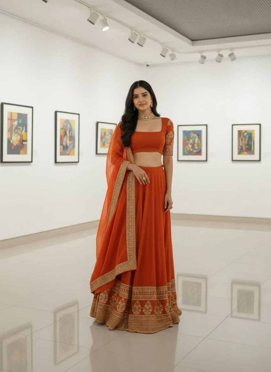 Tc 307 Orange Color Faux Georgette Embroidery Designer Lehenga Choli