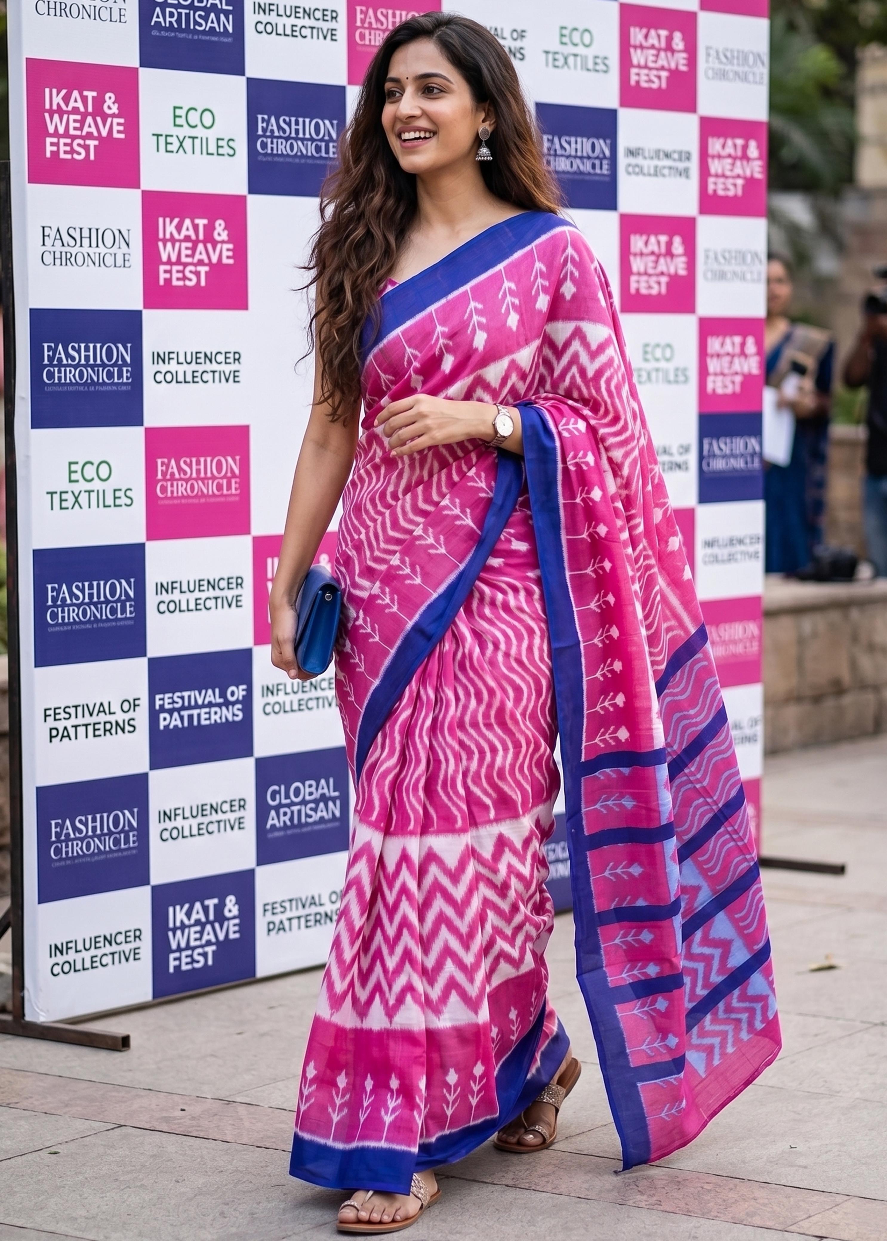 Sm Yami 96 Mal Cotton Hand Block Ikkat Print Saree