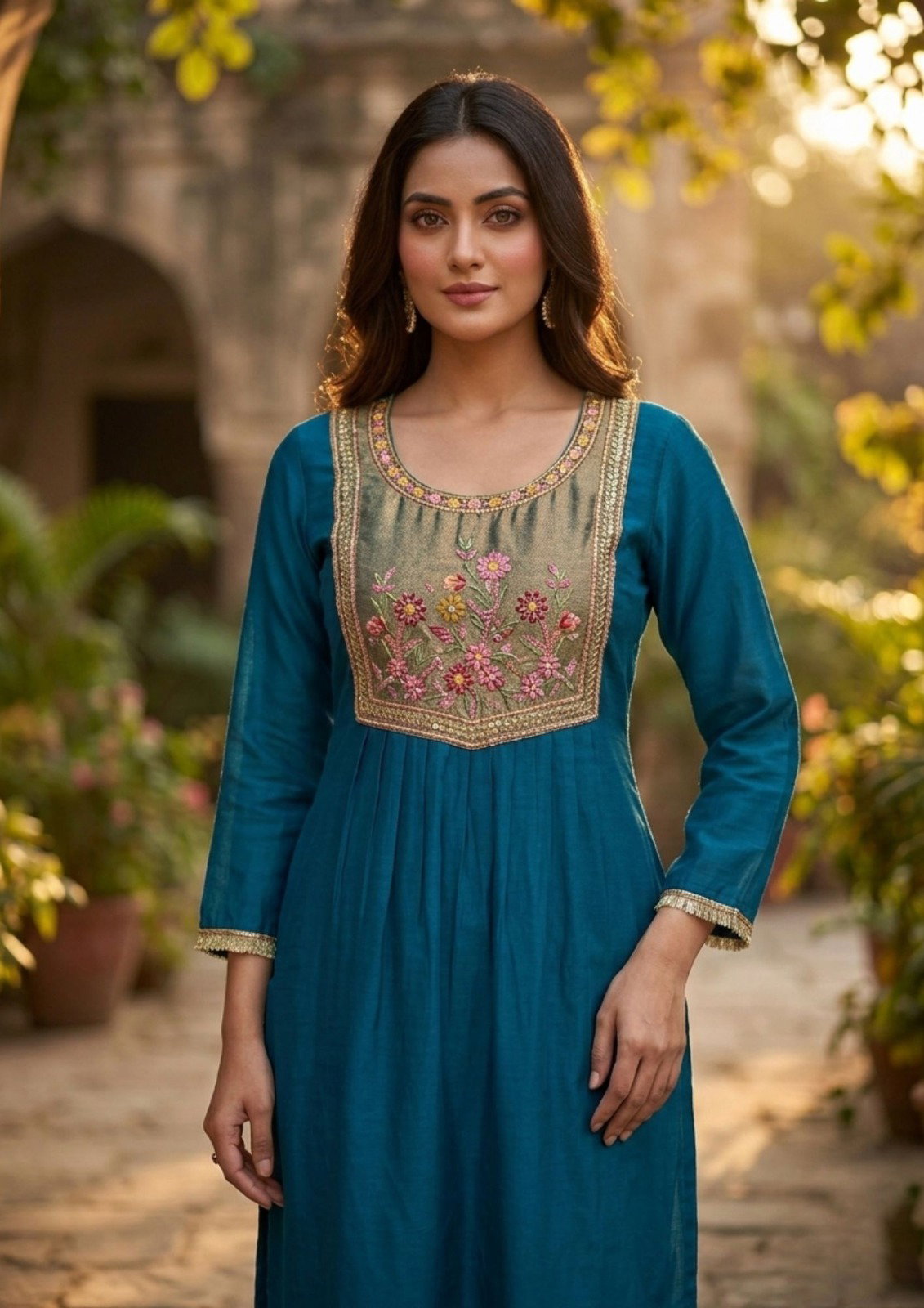 Vitara Meera Mul Chanderi Shimmar Embroidered Kurti With Bottom Dupatta