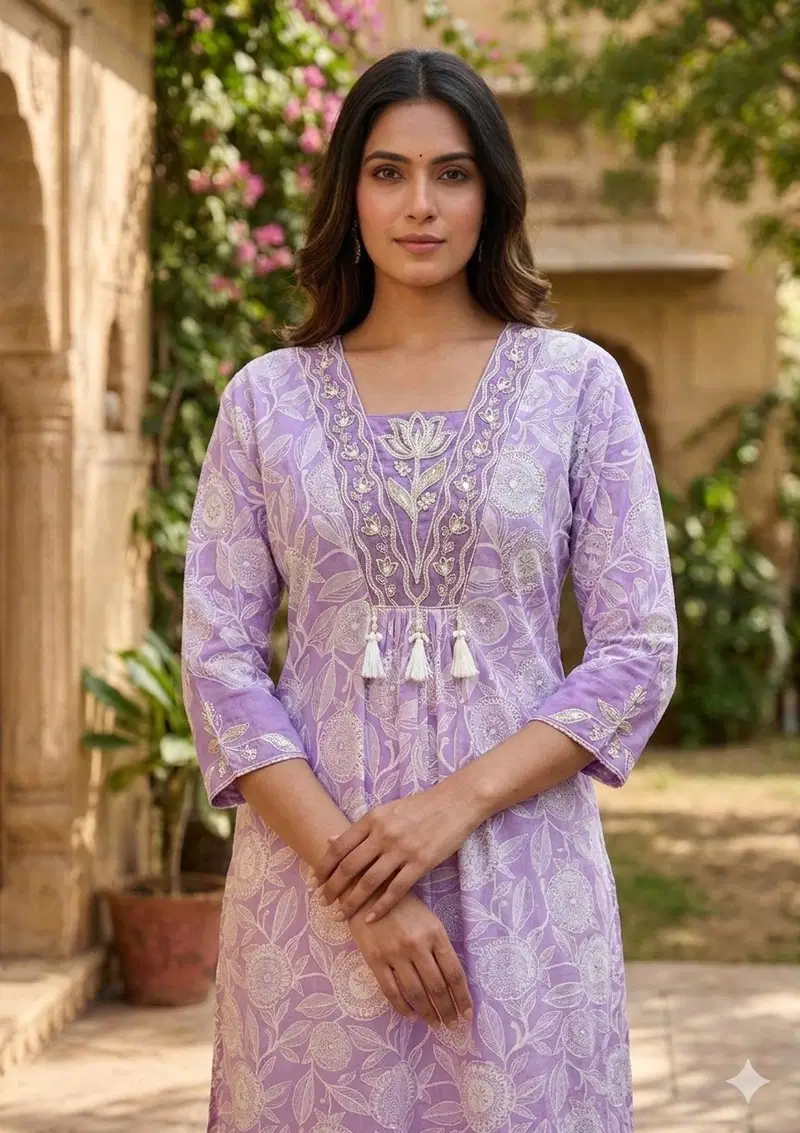 Vitara Saloni Cotton Foil Printed Kurti With Bottom Dupatta