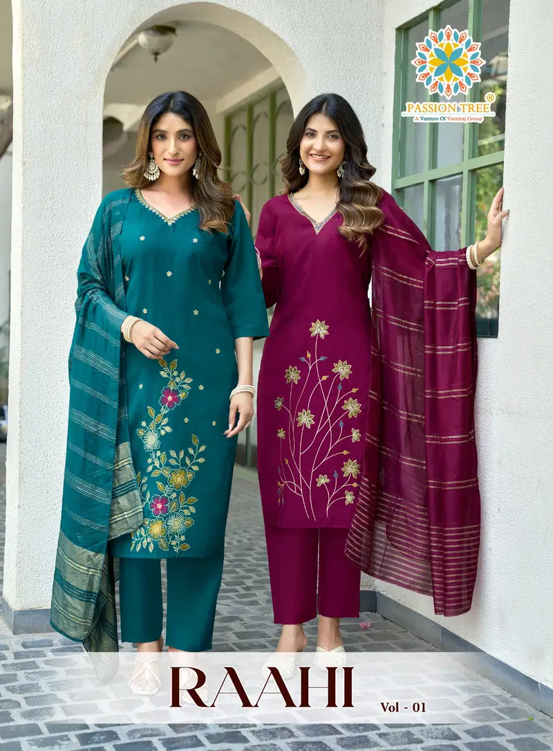 Raahi Vol 1 By Passion Tree Roman Silk Embroidered Kurti With Bottom Dupatta