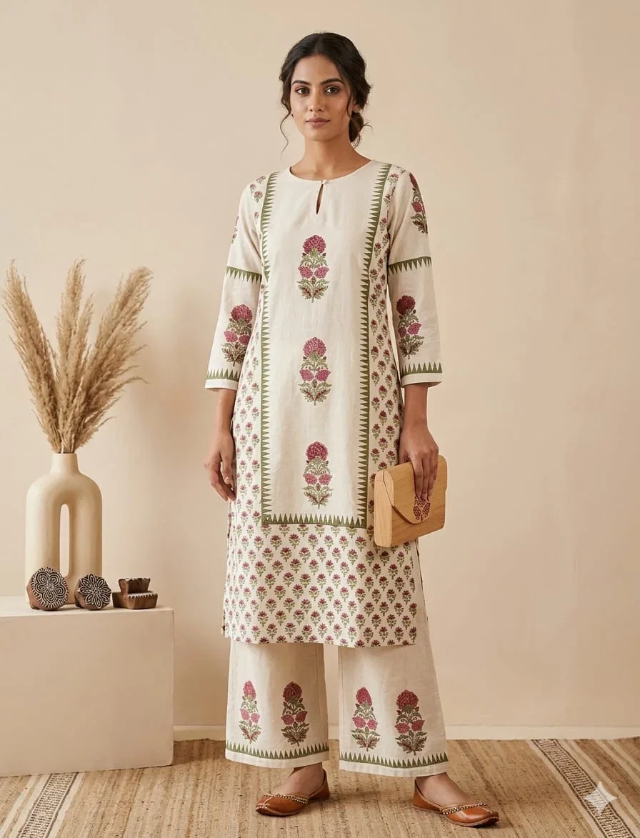 Naisha K 957 Cotton Flex Hand Block Printed Kurti With Bottom