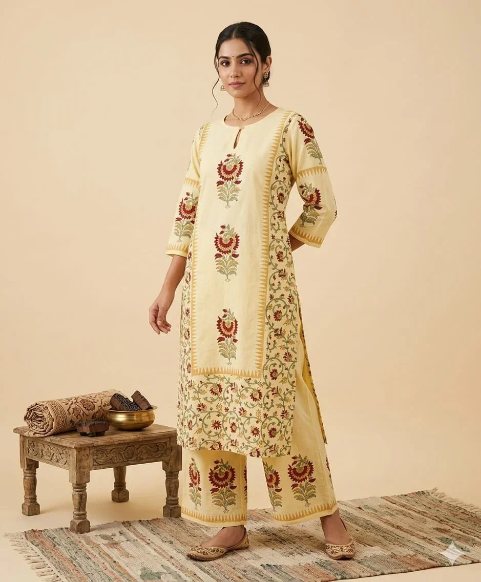 Naisha K 957 Cotton Flex Hand Block Printed Kurti With Bottom