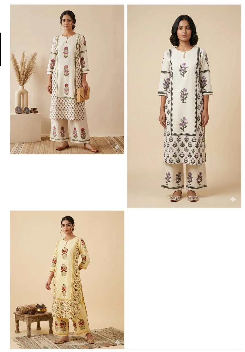 Naisha K 957 Cotton Flex Hand Block Printed Kurti With Bottom