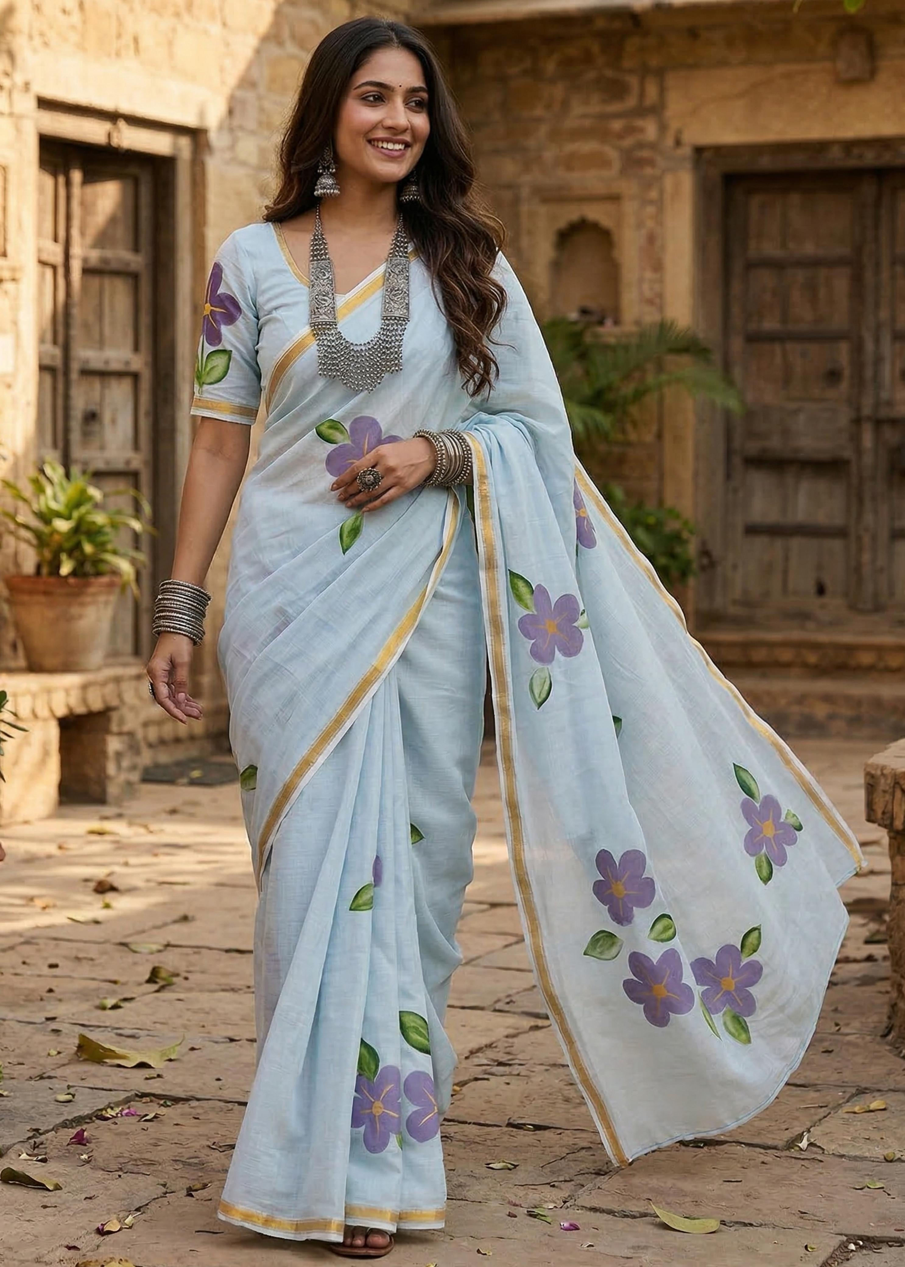 Sm Yami 101 Muslin Cotton Heavy Zari Border Hand Paint Saree